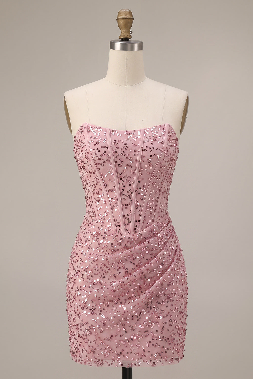 Sparkly Pink Corset Ruched Tight Strapless Sequin Short Homecoming Dress