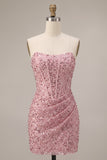 Sparkly Pink Corset Ruched Tight Strapless Sequin Short Homecoming Dress