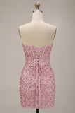 Sparkly Pink Corset Ruched Tight Strapless Sequin Short Homecoming Dress