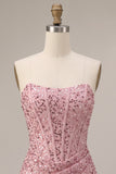 Sparkly Pink Corset Ruched Tight Strapless Sequin Short Homecoming Dress