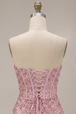 Sparkly Pink Corset Ruched Tight Strapless Sequin Short Homecoming Dress