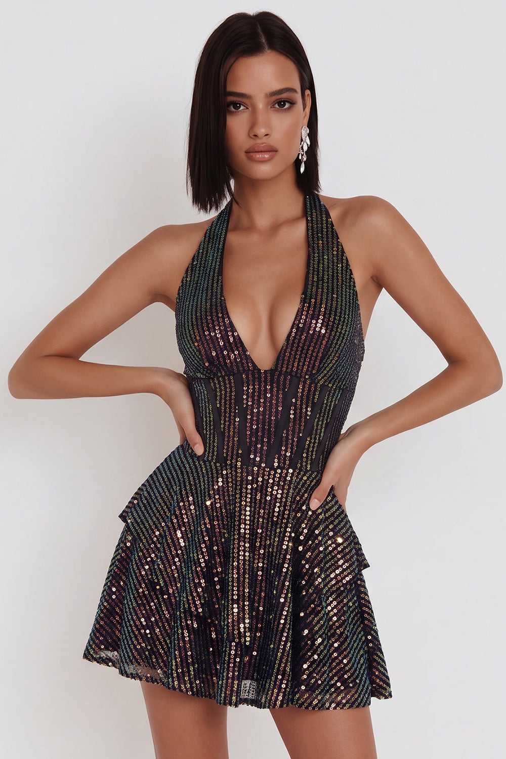 Sparkly Black Corset Sequin Ruffled Halter A Line Short Homecoming Dress