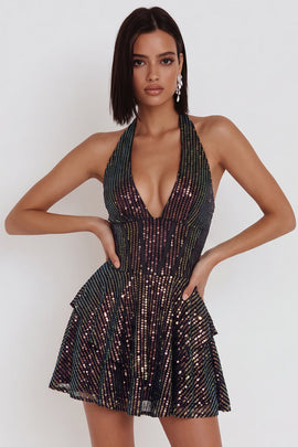 Sparkly Black Corset Sequin Ruffled Halter A Line Short Homecoming Dress