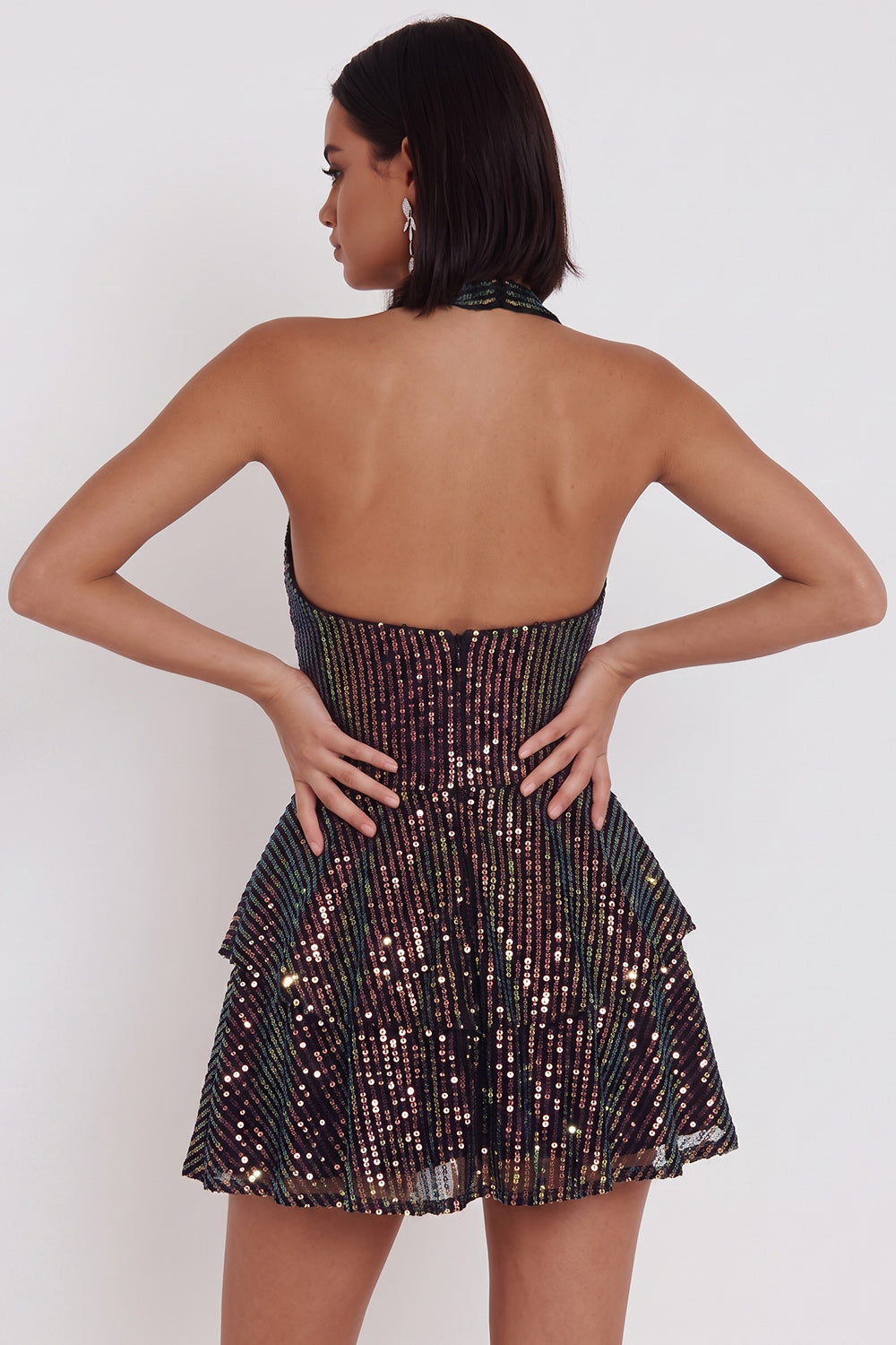 Sparkly Black Corset Sequin Ruffled Halter A Line Short Homecoming Dress
