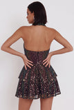 Sparkly Black Corset Sequin Ruffled Halter A Line Short Homecoming Dress