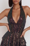 Sparkly Black Corset Sequin Ruffled Halter A Line Short Homecoming Dress