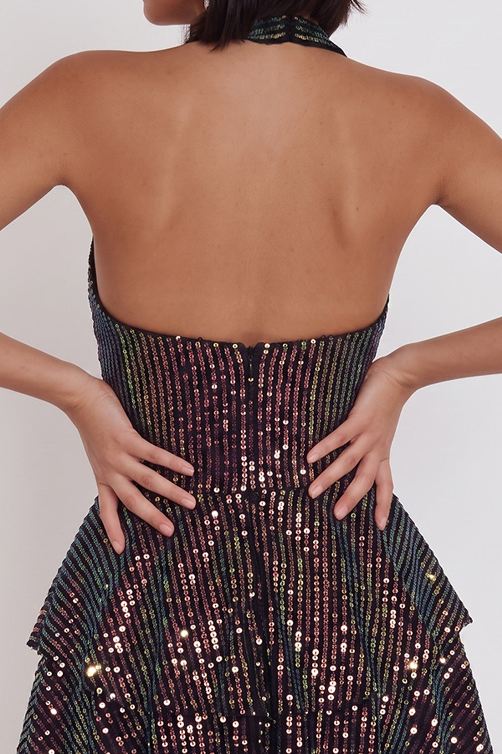 Sparkly Black Corset Sequin Ruffled Halter A Line Short Homecoming Dress