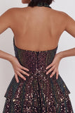 Sparkly Black Corset Sequin Ruffled Halter A Line Short Homecoming Dress