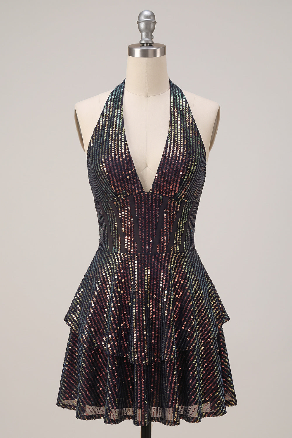 Sparkly Black Corset Sequin Ruffled Halter A Line Short Homecoming Dress