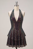 Sparkly Black Corset Sequin Ruffled Halter A Line Short Homecoming Dress