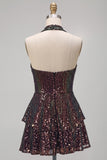 Sparkly Black Corset Sequin Ruffled Halter A Line Short Homecoming Dress