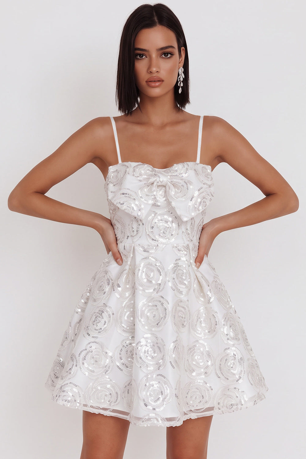 Sparkly White A-Line Spaghetti Straps Sequin Short Homecoming Dress with Bow