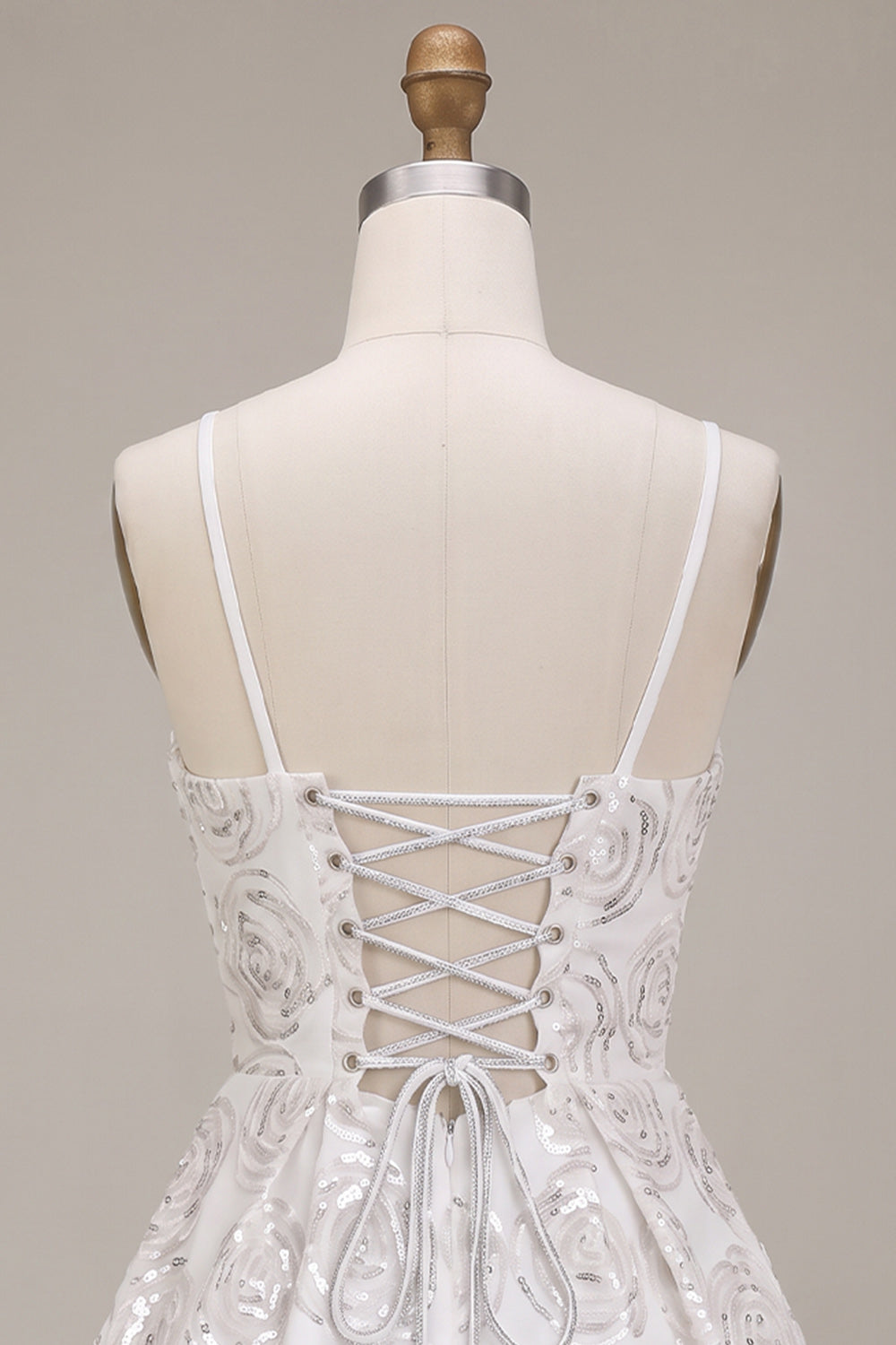 Sparkly White A-Line Spaghetti Straps Sequin Short Homecoming Dress with Bow