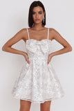 Sparkly White A-Line Spaghetti Straps Sequin Short Homecoming Dress with Bow