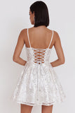 Sparkly White A-Line Spaghetti Straps Sequin Short Homecoming Dress with Bow