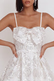 Sparkly White A-Line Spaghetti Straps Sequin Short Homecoming Dress with Bow