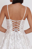 Sparkly White A-Line Spaghetti Straps Sequin Short Homecoming Dress with Bow