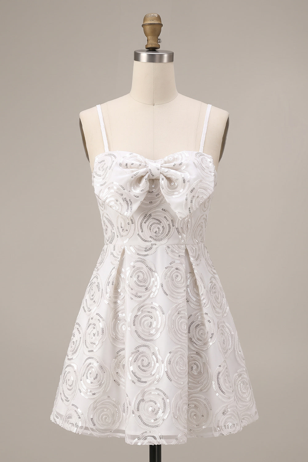 Sparkly White A-Line Spaghetti Straps Sequin Short Homecoming Dress with Bow