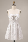 Sparkly White A-Line Spaghetti Straps Sequin Short Homecoming Dress with Bow