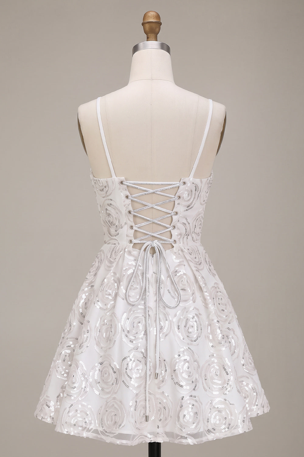 Sparkly White A-Line Spaghetti Straps Sequin Short Homecoming Dress with Bow