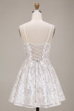 Sparkly White A-Line Spaghetti Straps Sequin Short Homecoming Dress with Bow