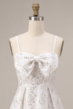 Sparkly White A-Line Spaghetti Straps Sequin Short Homecoming Dress with Bow