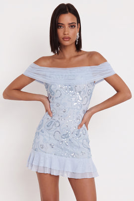 Sparkly Sky Blue Ruffled Floral Tight Sequin Short Homecoming Dress