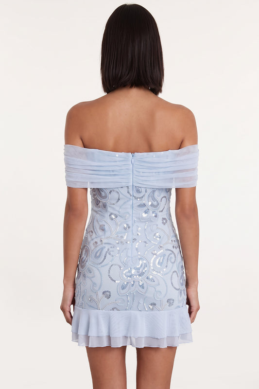 Sparkly Sky Blue Ruffled Floral Tight Sequin Short Homecoming Dress