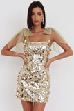 Sparkly Champagne Tight Sequin Short Homecoming Dress with Bows
