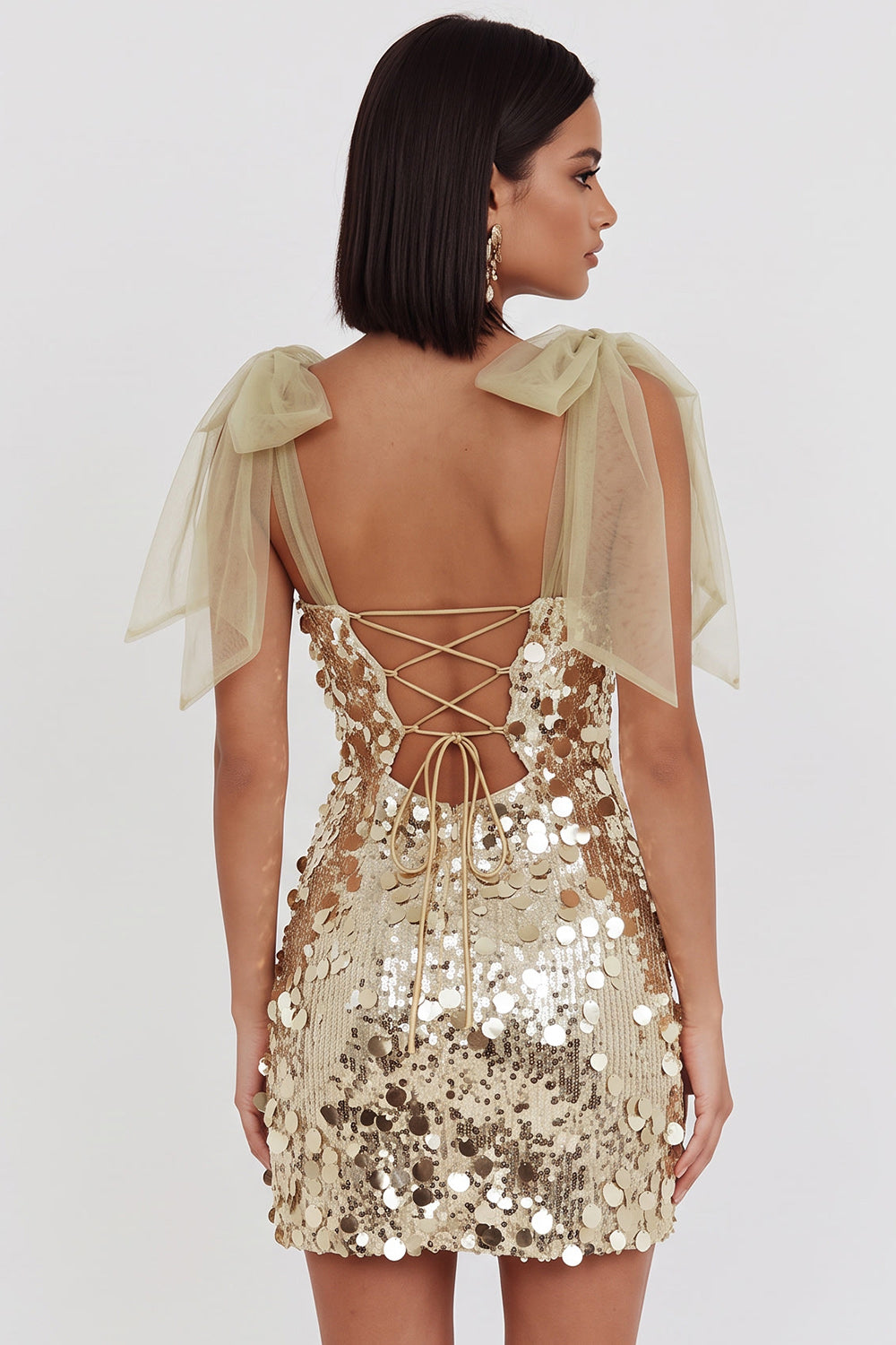 Sparkly Champagne Tight Sequin Short Homecoming Dress with Bows