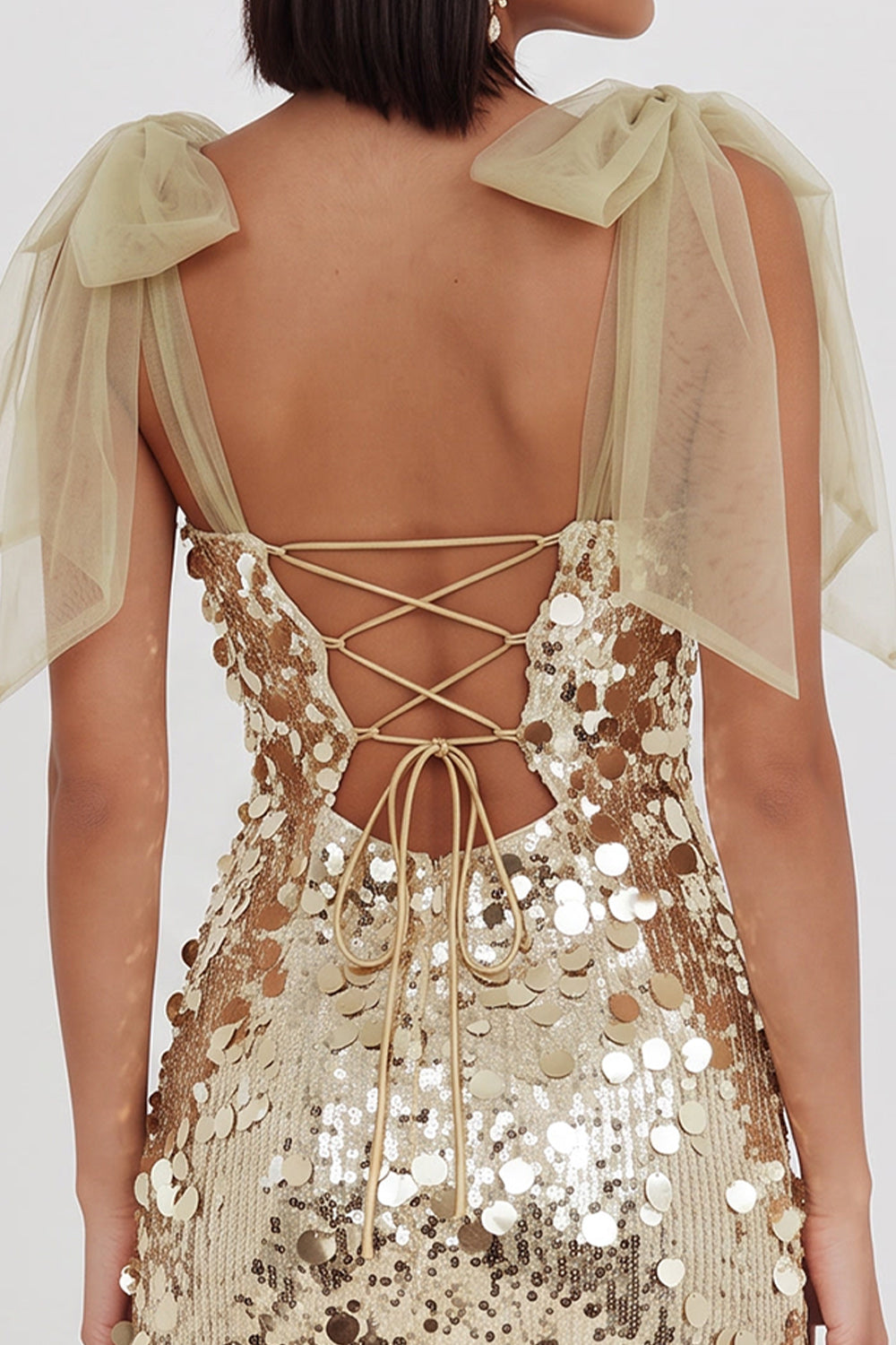 Sparkly Champagne Tight Sequin Short Homecoming Dress with Bows