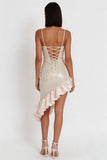 Sparkly Ivory Sequin Tight Cowl Neck Ruffled Asymmetrical Homecoming Dress