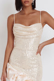 Sparkly Ivory Sequin Tight Cowl Neck Ruffled Asymmetrical Homecoming Dress