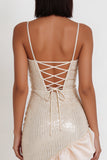 Sparkly Ivory Sequin Tight Cowl Neck Ruffled Asymmetrical Homecoming Dress