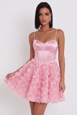 Pink Corset Floral Spaghetti Straps Short Satin Homecoming Dress