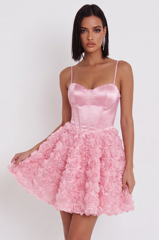 Pink Corset Spaghetti Straps Short Satin Homecoming Dress with 3D Flowers