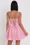 Pink Corset Floral Spaghetti Straps Short Satin Homecoming Dress