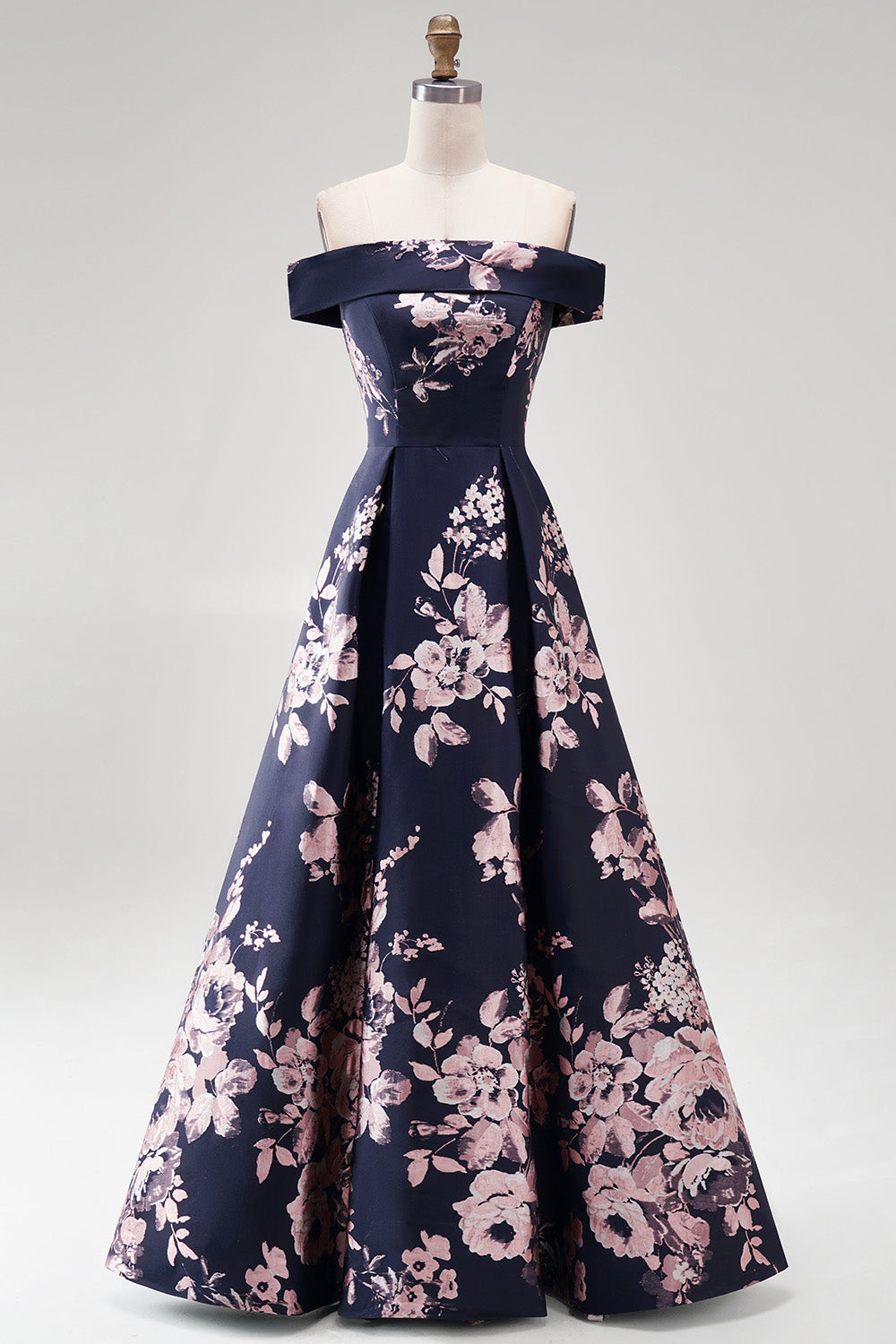 Dark Navy Floral A Line Off The Shoulder Satin Ruched Long Mother of the Bride Dress