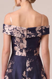 Dark Navy Floral A Line Off The Shoulder Satin Ruched Long Mother of the Bride Dress