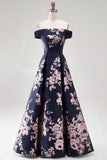 Dark Navy Floral A Line Off The Shoulder Satin Ruched Long Mother of the Bride Dress
