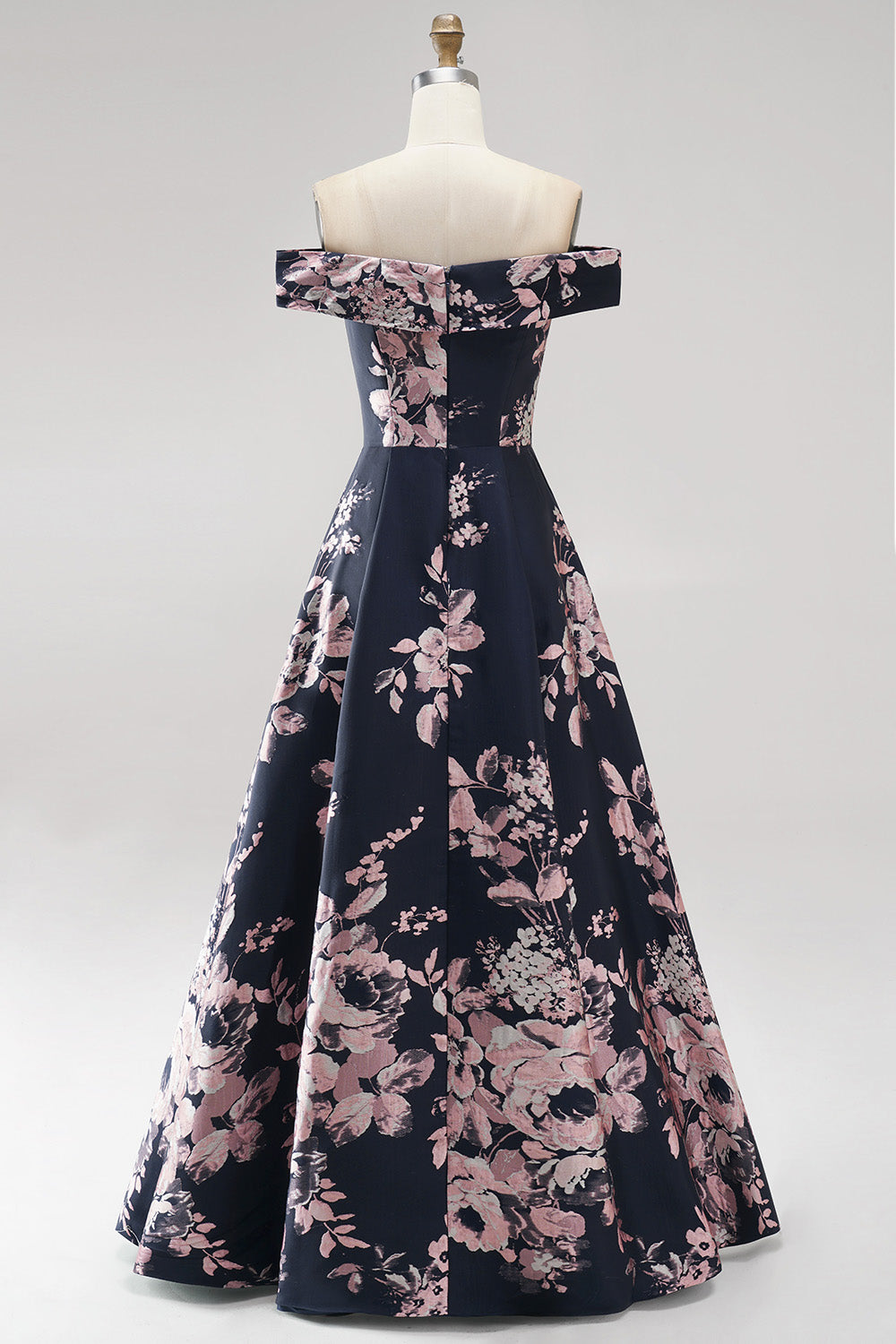 Dark Navy Floral A Line Off The Shoulder Satin Ruched Long Mother of the Bride Dress