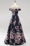 Dark Navy Floral A Line Off The Shoulder Satin Ruched Long Mother of the Bride Dress