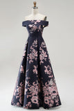 Dark Navy Floral A Line Off The Shoulder Satin Ruched Long Mother of the Bride Dress