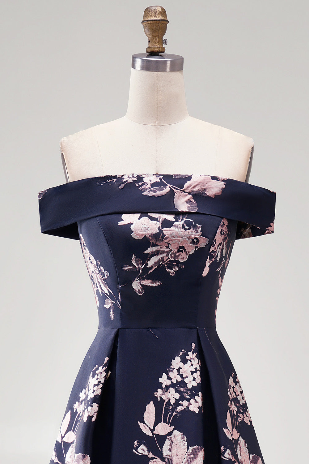 Dark Navy Floral A Line Off The Shoulder Satin Ruched Long Mother of the Bride Dress