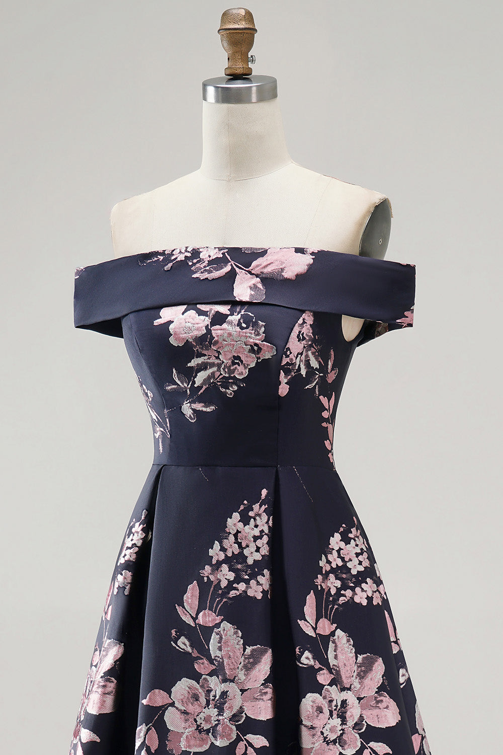 Dark Navy Floral A Line Off The Shoulder Satin Ruched Long Mother of the Bride Dress