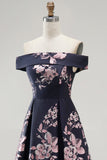 Dark Navy Floral A Line Off The Shoulder Satin Ruched Long Mother of the Bride Dress