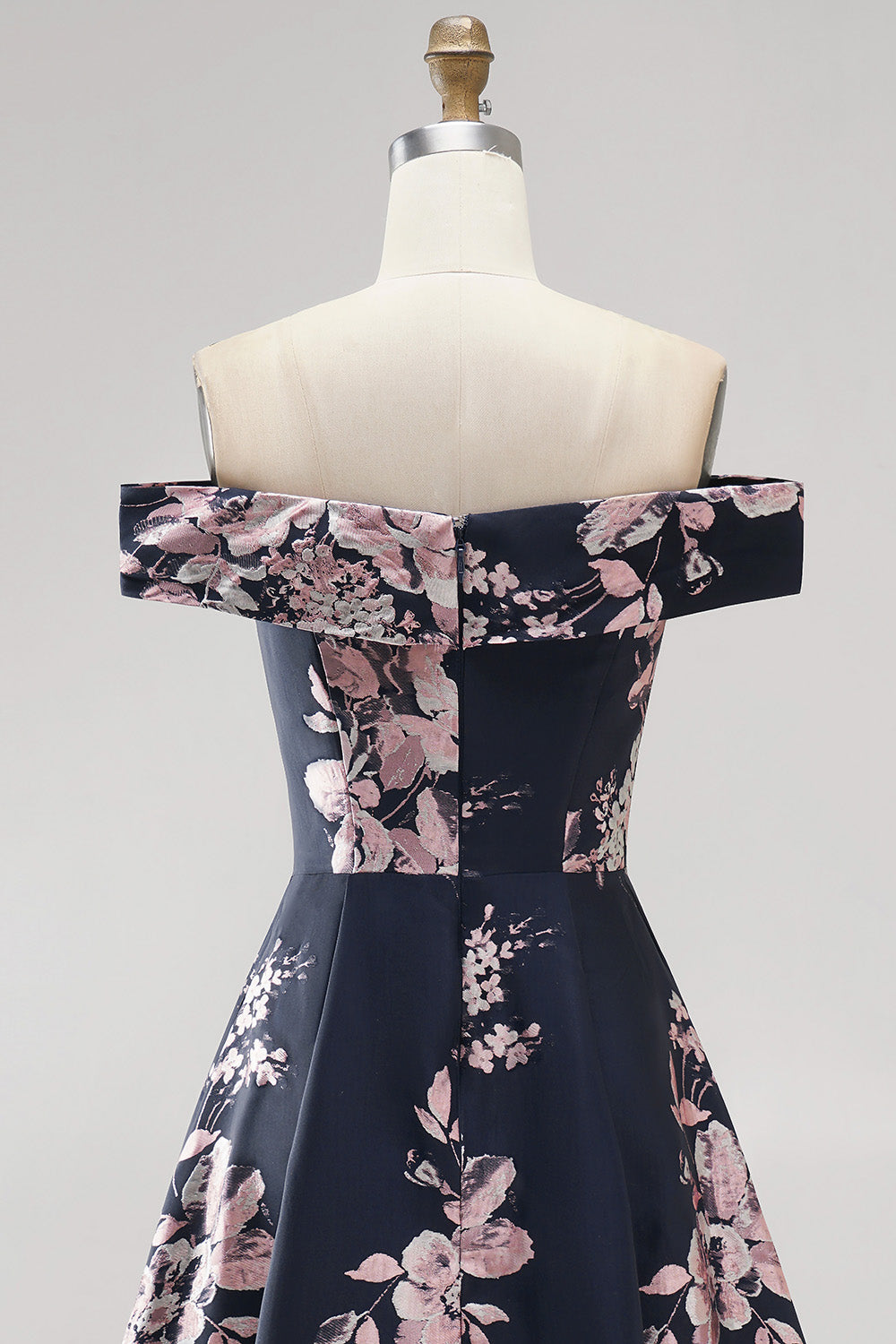 Dark Navy Floral A Line Off The Shoulder Satin Ruched Long Mother of the Bride Dress