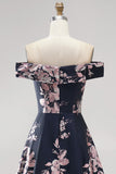 Dark Navy Floral A Line Off The Shoulder Satin Ruched Long Mother of the Bride Dress