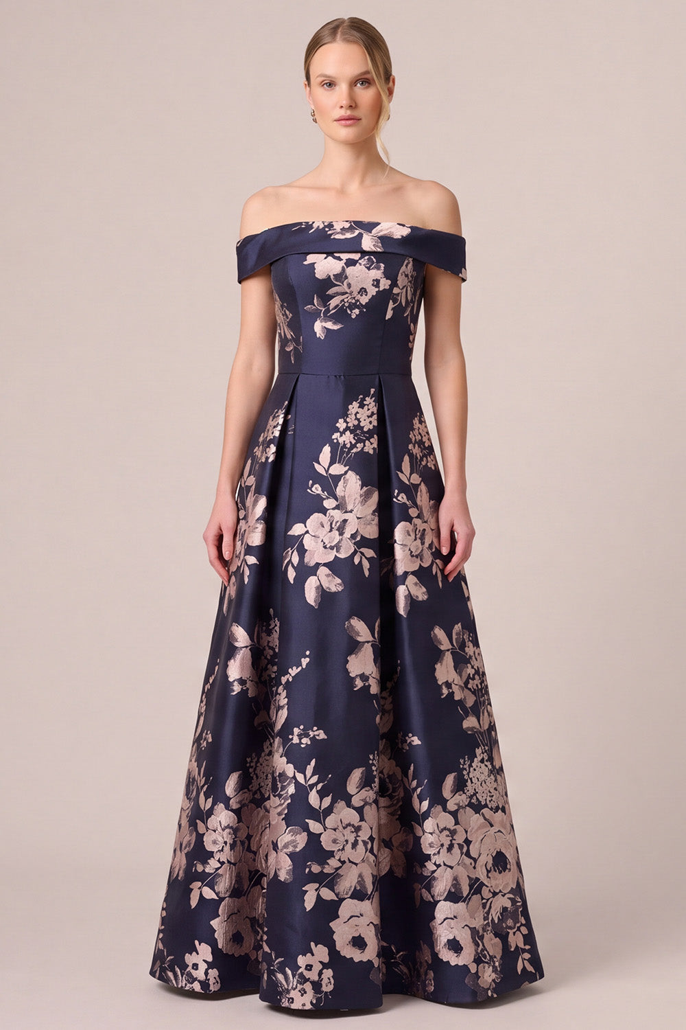 Dark Navy Floral A Line Off The Shoulder Satin Ruched Long Mother of the Bride Dress