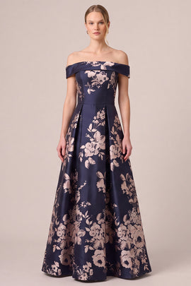 Dark Navy Floral A Line Off The Shoulder Satin Ruched Long Mother of the Bride Dress